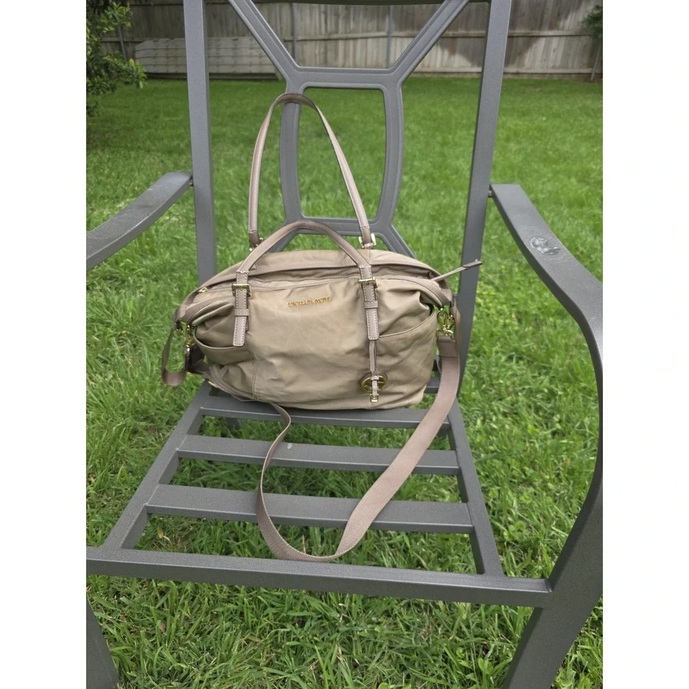 Michael Kors Nylon Diaper Bag Tan Khaki Gold Hardware Tote Crossbody Handbag